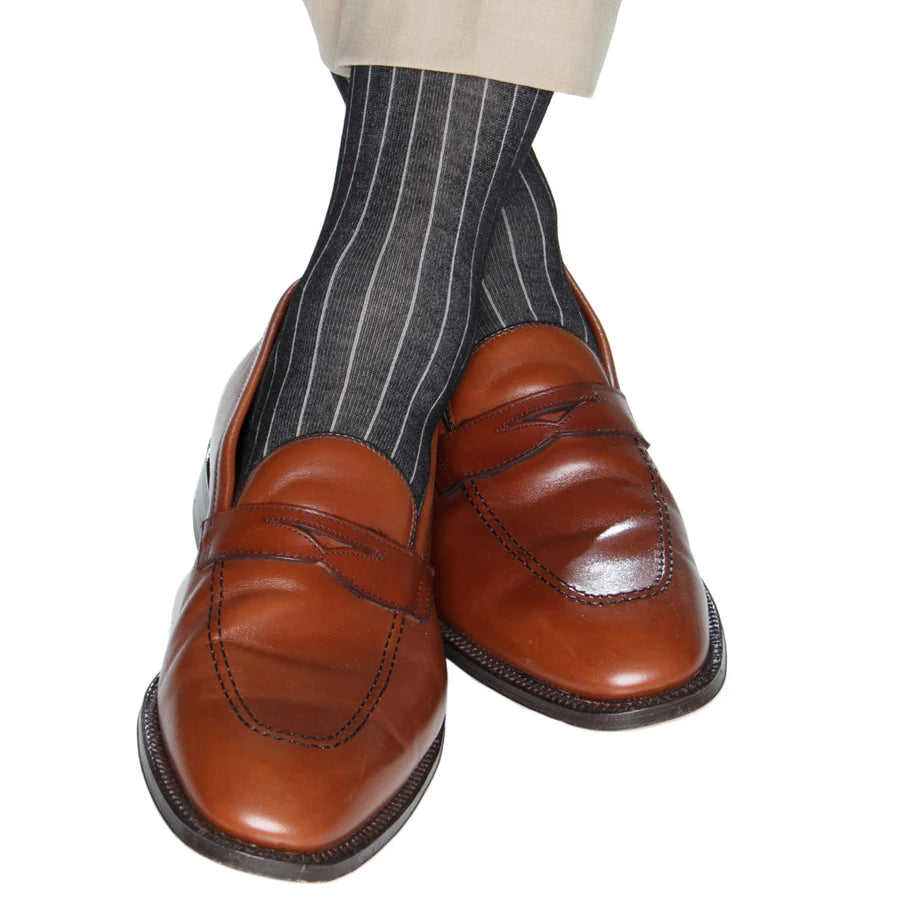 Casual Crew Socks-The Shirt Shop Socks - Black with Ash Vertical Stripe - 2 Lengths