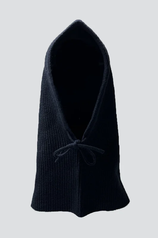 Soft Touch Knit Beanie-Black Wool Blend Tie Hood