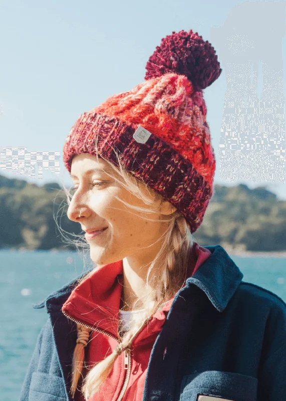 Warm Fleece Hat-Explorer Pom Bobble Hat in Red & Pink