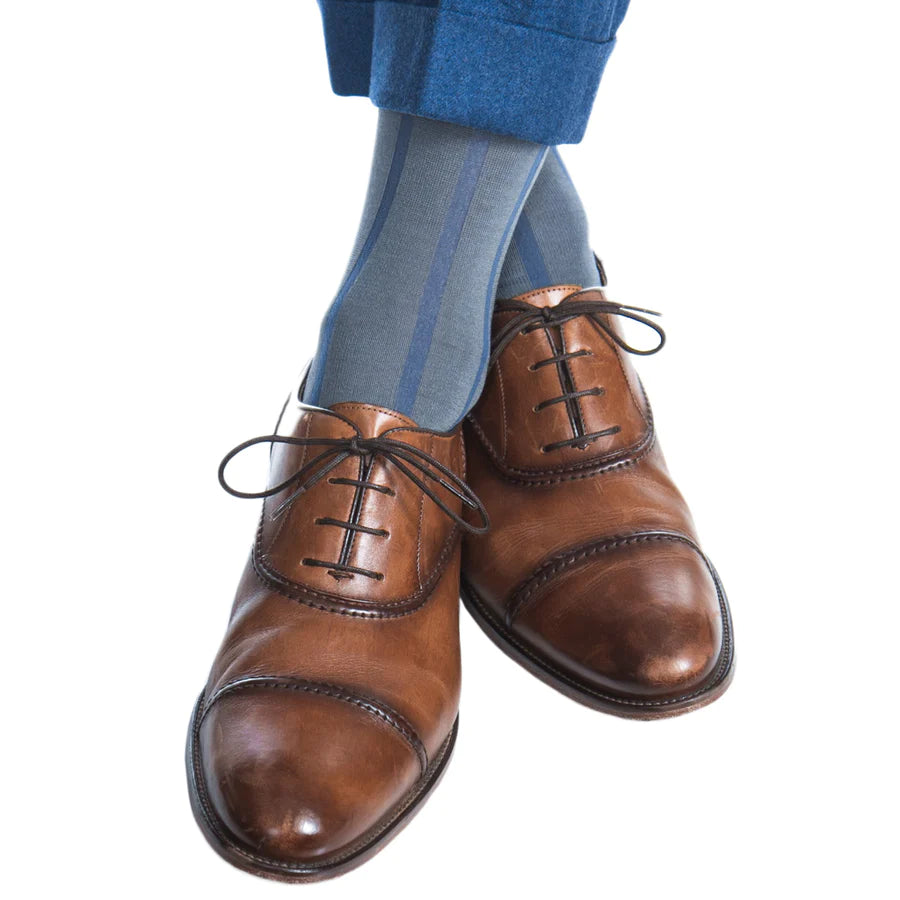 Soft Wool Socks-The Shirt Shop Socks - Gray with Blue Vertical Stripe - Over the Calf