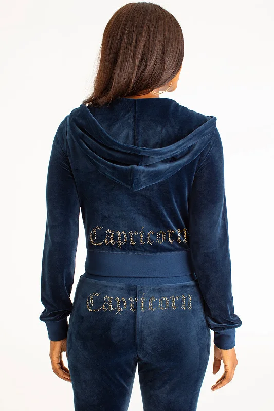 Zip-Up Hoodie Sweatshirt-Capricorn Big Bling Velour Hoodie