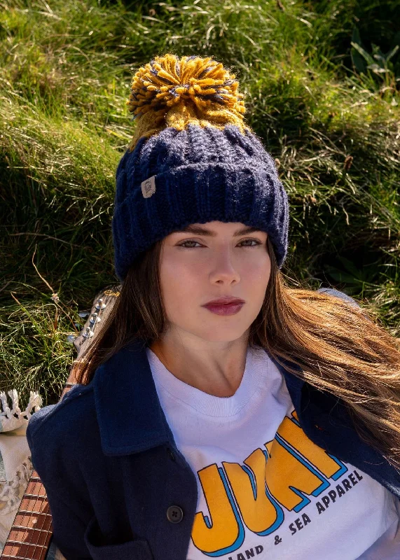 Outdoor Hiking Cap-Adventurer Pom Bobble Hat in Navy & Mustard