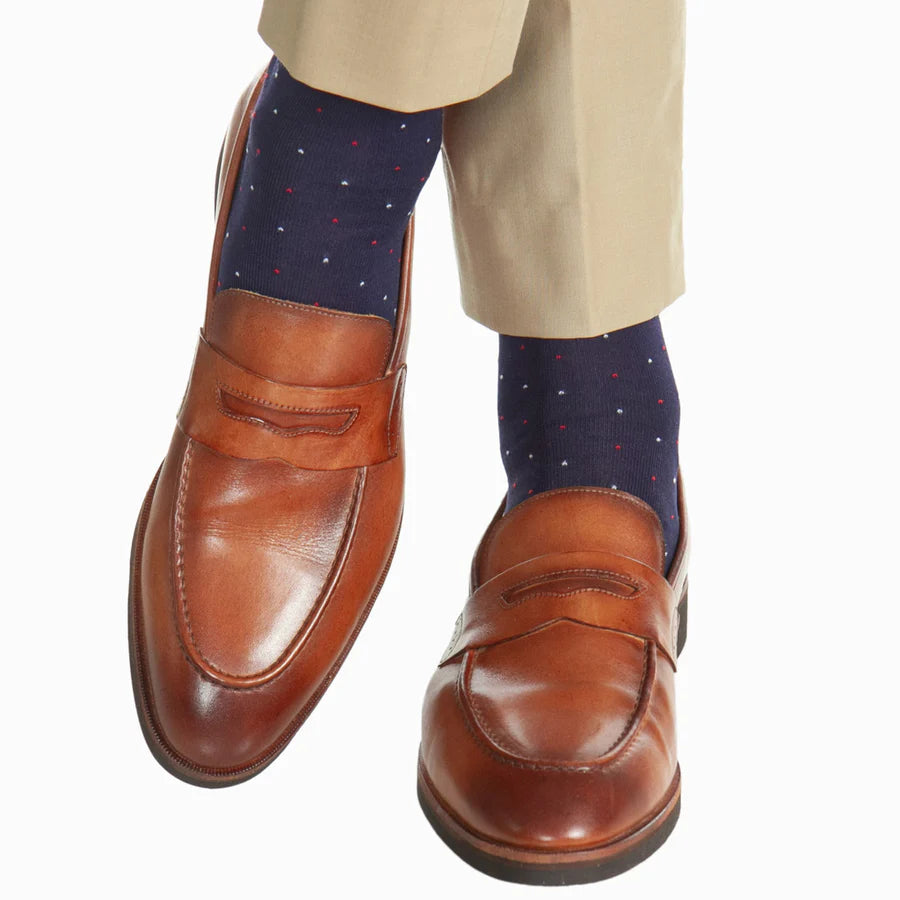 Casual Running Socks-The Shirt Shop Dress Socks - Navy with Flags and Pindots (2 Lengths)