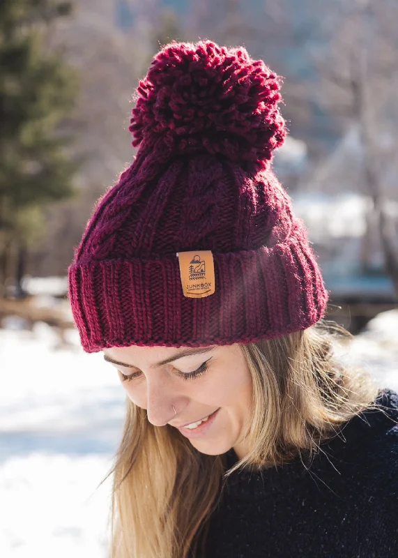 Soft Knit Winter Hat-Wanderer Pom Bobble Hat in Burgundy