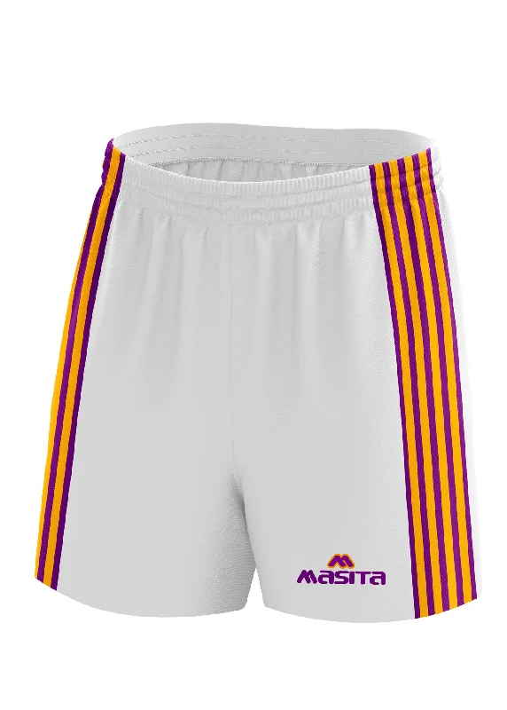 Graphic Print Shorts-Donard Gaelic Shorts White/Purple/Amber Adult