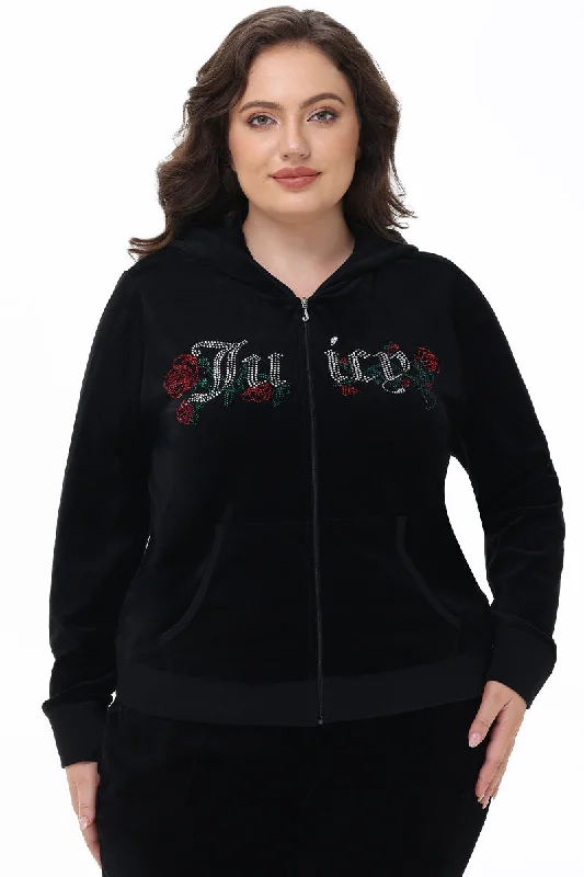 Eco-Friendly Hoodie-Plus-Size Juicy Roses Bling Cotton Velour Hoodie