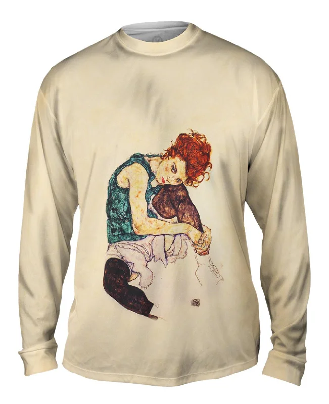 Custom Embroidered Long Sleeve-Egon Schiele - "Seated Woman with Bent Knee" (1917)