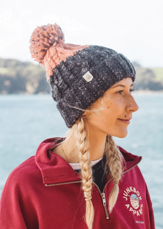 Custom Embroidered Cap-Adventurer Bobble Hat in Grey & Pink