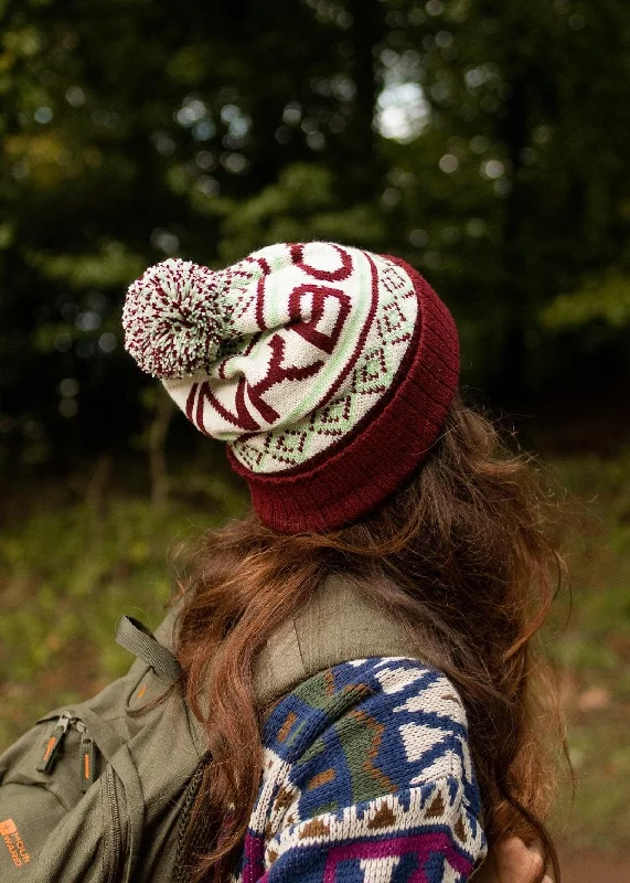 Cozy Wool Hat-Logo Bobble Hat in Burgundy & Mint